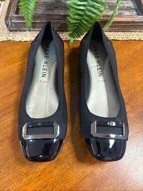 Anne Klein Black Patent-Toe Ballet Flats with Silver Buckle